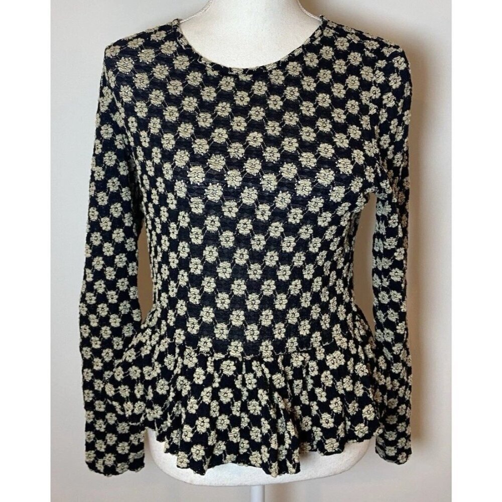Rebecca Taylor Shirt Stretch Lace Peplum Black Cream Size Medium M